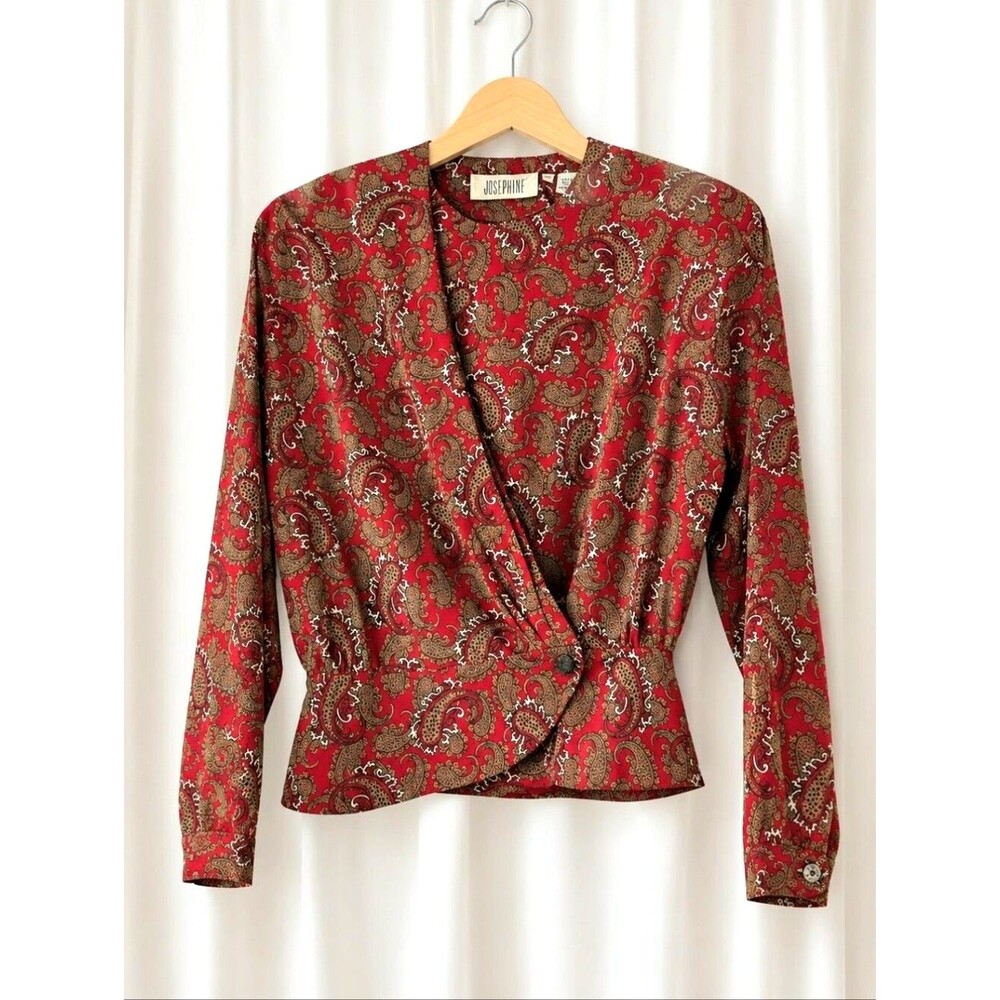 Vintage Josephine Bold Red Paisley Wrap Look Front Peplum Waist Academia Blouse